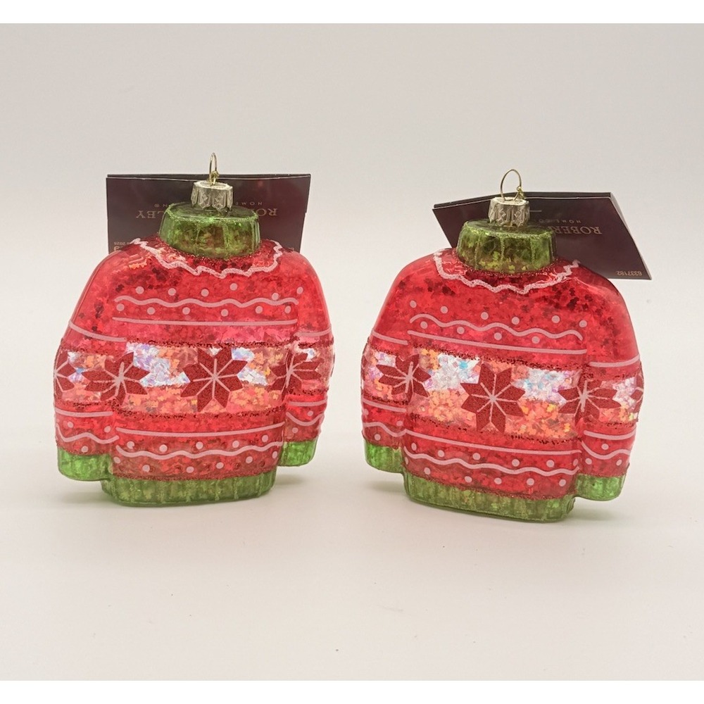 Set of 2 Robert Stanley Red Green Iridescent Ugly Sweater Glass Ornaments 4.5"